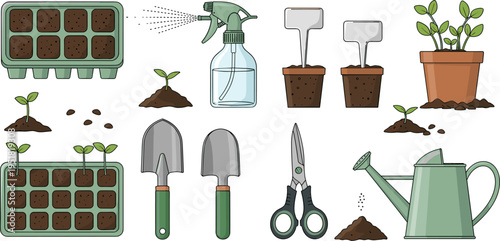 Seed Starting and Plant Care Tools Set with Seed Trays, Watering Can, Spray Bottle, Pots, Shovels, Scissors, and Plant Markers Illustrations