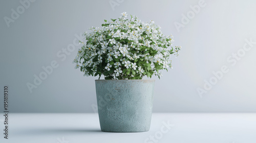 A small potted plant with delicate white flowers sits on a white surface against a muted gray background, radiating a sense of calm and natural beauty indoors.