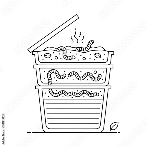 Stacked composting bins with worms processing organic waste for eco friendly recycling sustainable living concept