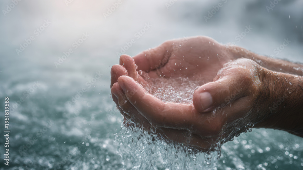 Fototapeta premium Geothermal hot springs resort, spa, bath pool, relaxation vacation theme. A closeup of a persons hands submerged in water, with water droplets glistening on their skin.