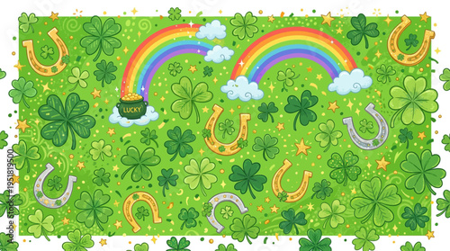 A vibrant and playful St. Patrick's Day background illustration adorned with lucky clovers, golden horseshoes, and a whimsical double rainbow