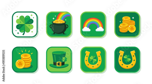 Saint Patrick's Day Icon Set Clover, Pot of Gold, Rainbow, Coins, Hat, and Horseshoe Illustrations
