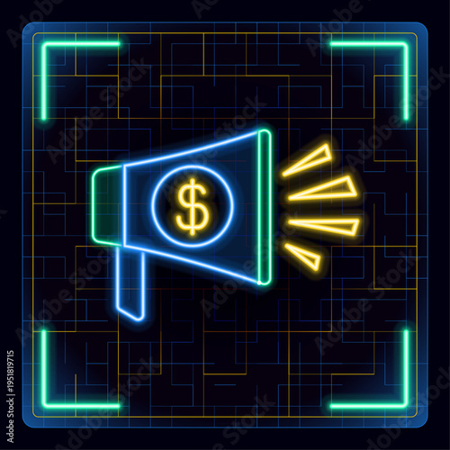 Loudspeaker promo concept, marketing sale vector illustration. Editable neon strokes, tech cyber concept, glowing energy futuristic visuals.