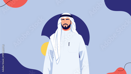 Portrait of a bearded arab man wearing a white kandura and ghutra stands confidently against a modern abstract colorful background.