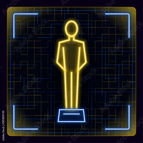 Award trophy, statue vector illustration. Neon strokes, tech cyber concept, glowing energy futuristic visuals.