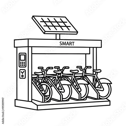 Solar powered bike rental station with modern design digital interface and four bicycles ready for eco friendly urban commuting