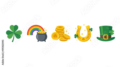 Collection of Saint Patrick's Day symbols including a shamrock, pot of gold, rainbow, horseshoe, and hat in a modern flat vector style