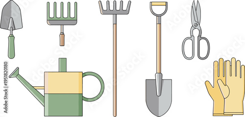 Basic Gardening Tools Set with Trowel, Rake, Watering Can, Gloves, Shovel, and Pruning Scissors Illustrations