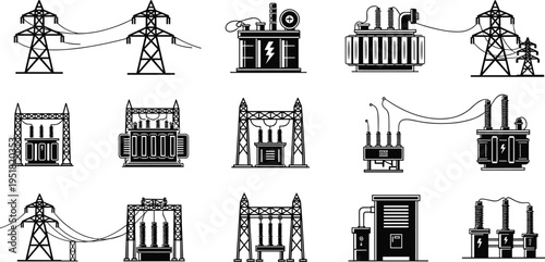 Electrical power transmission infrastructure vector icons, transformers and substations, high voltage pylons, electricity distribution equipment, energy grid engineering illustration set
