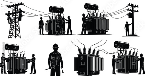 Electrical transformer maintenance workers silhouettes set, power line technicians repairing utility equipment, energy grid service, high voltage infrastructure vector illustration
