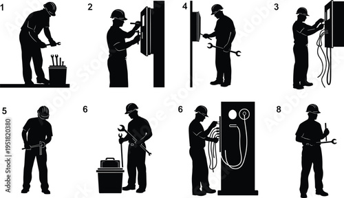 Electrician worker installation process vector illustration, electrical maintenance technician silhouettes, step by step wiring repair, power system service, industrial electrician workflow