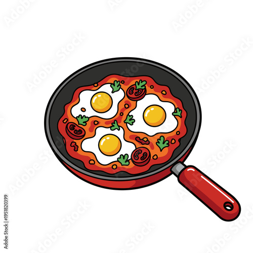 Shakshuka in frying pan with vibrant mood illustrated as bold graphic vector