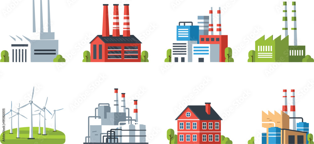Naklejka premium Industrial factories and renewable energy plants vector illustration set, manufacturing buildings, wind turbines, power stations, urban production infrastructure icons collection