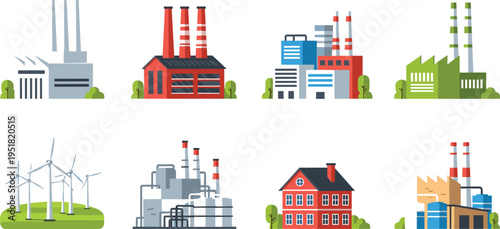 Industrial factories and renewable energy plants vector illustration set, manufacturing buildings, wind turbines, power stations, urban production infrastructure icons collection