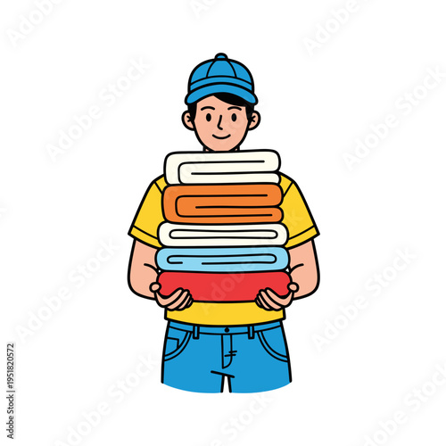 Person holding stack of fresh towels with helpful mood 