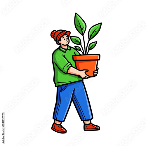 Person carrying plant pot carefully with nurturing mood