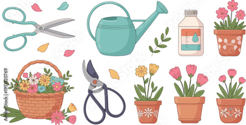 Flower Care and Gardening Tools Set with Scissors, Watering Can, Pruners, Plant Pots, Flowers, and Plant Food Illustrations