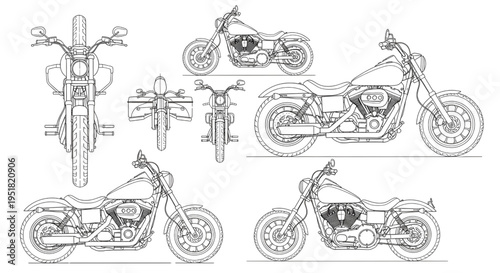 Classic Cruiser Motorcycle AutoCAD Blueprint Vector – Vintage Chopper Bike Multi-View Technical Drawing Black Outline Isolated on White