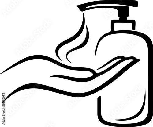 Hand Sanitizer Pump Bottle with Hand Icon – Hygiene, Cleaning and Health Care Line Vector Symbol