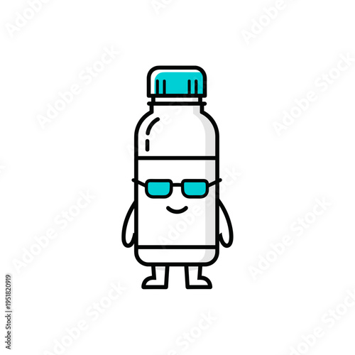 Reusable water bottle character with playful mood illustrated as minimal flat cartoon in bright turquoise with clean black contour lines
