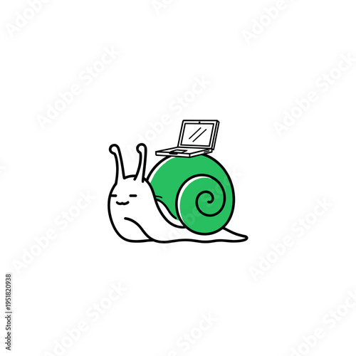 Procrastination snail with tiny laptop with humorous mood