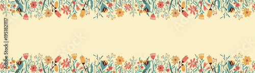 seamless floral background with flowers, border, leaves. Spring botanical, plant illustration, objects isolated on white background. for print, banner, border with space for text. art vector 