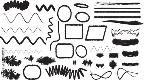 Hand drawn brush strokes, charcoal pencil textures, wavy lines, and organic doodle shapes vector collection for creative design.
