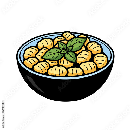 Gnocchi bowl with basil leaf with playful mood illustrated as bold graphic vector