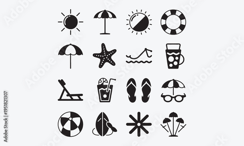 Collection of black and white vector icons representing summer beach and ocean elements isolated on transparent background.Vector illustration