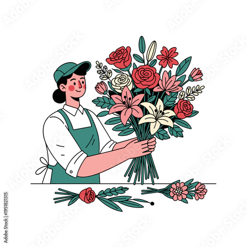 Florist arranging bouquet with creative mood