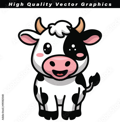 Happy cartoon calf design showcasing black and white patches and small horns, ideal for agricultural branding or youthful visual content presentations.