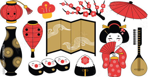 Japanese culture icons set, traditional elements illustration, geisha, lantern, sakura, fan, sushi, umbrella, oriental design collection vector