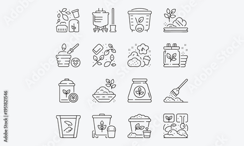 Composting icons set. Line icons depicting various aspects of composting, from organic waste collection to fertilizer production