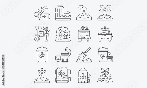 Composting icons set. Line icons depicting various aspects of composting, from organic waste collection to fertilizer production