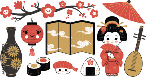 Japanese culture illustration set, traditional elements, geisha, lantern, sakura branch, sushi, fan, umbrella, oriental icons collection vector design