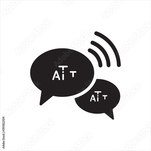 Black vector icon of two overlapping speech bubbles with text formatting symbols and Wi-Fi waves, representing AI text generation, communication, and digital content creation.