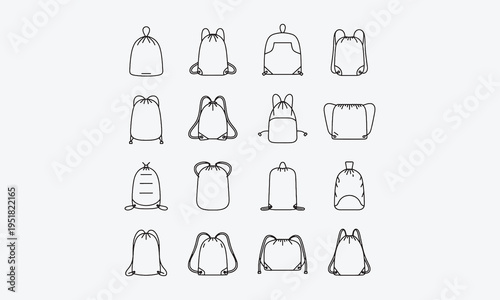 Drawstring sack icons set. Line art icons representing various gym bags and backpacks, showcasing diverse styles, shapes