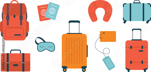 Travel accessories illustration set, flat design, suitcase, backpack, passport, neck pillow, luggage tags, vacation essentials, tourism items collection vector