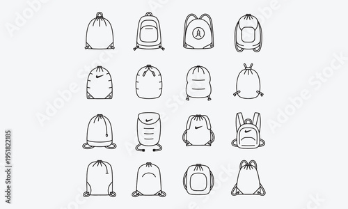 Drawstring sack icons set. Line art icons representing various gym bags and backpacks, showcasing diverse styles, shapes