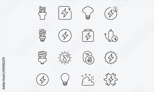 Efficiency energy outline icon set. Containing energy saving, electricity, light bulb, energy consumption, and more. Vector illustration