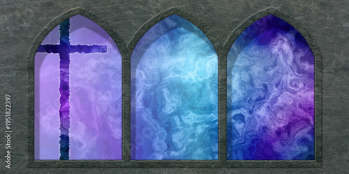 Quadro em tela purple cross art beyond three arches with shadows, purple, blue, turquoise, vio