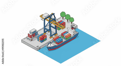 Isometric illustration of a cargo ship being loaded with containers at a port by a large crane.