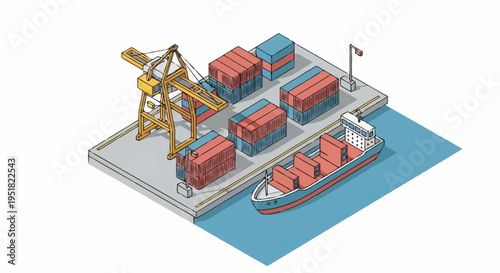 Isometric illustration of a busy shipping port with a cargo ship being loaded by a crane.