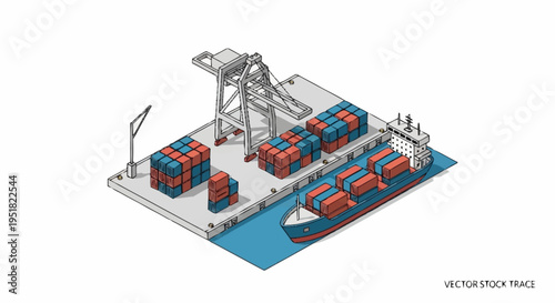 Isometric illustration of a busy shipping port with a cargo ship being loaded by a large crane and stacked containers on the dock.
