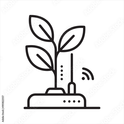 Smart agriculture technology icon vector illustration depicting a plant growing from a device with a wireless antenna, symbolizing modern farming, sustainable growth, and IoT solutions.
