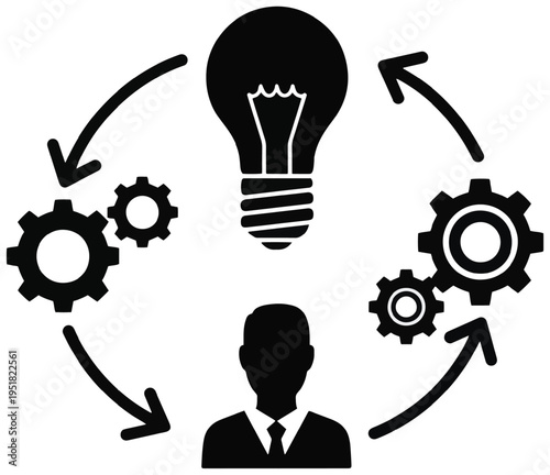 Brainstorming process with human mind light bulb and gears
