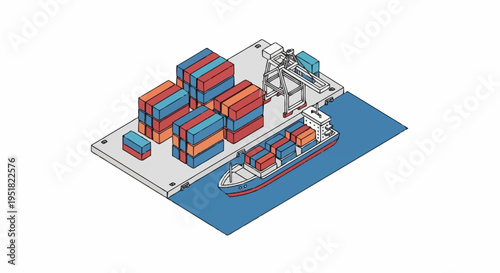 Isometric illustration of a container ship being loaded and unloaded at a modern port facility with cranes and stacks of cargo containers.