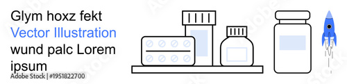 Healthcare, medicine, pharmacy, innovation, treatment, modern healthcare. Various pill bottles and blister packs on a shelf alongside a blue rocket. Healthcare and innovation concepts