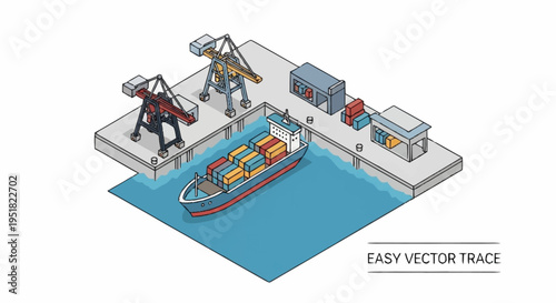 Isometric illustration of a container ship being loaded and unloaded at a busy port with cranes and cargo containers.