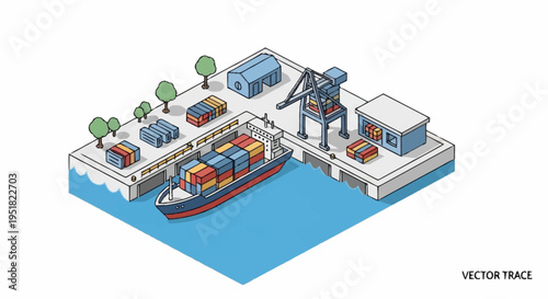 Isometric illustration of a busy shipping port with a cargo ship docked, cranes, containers, and warehouses.